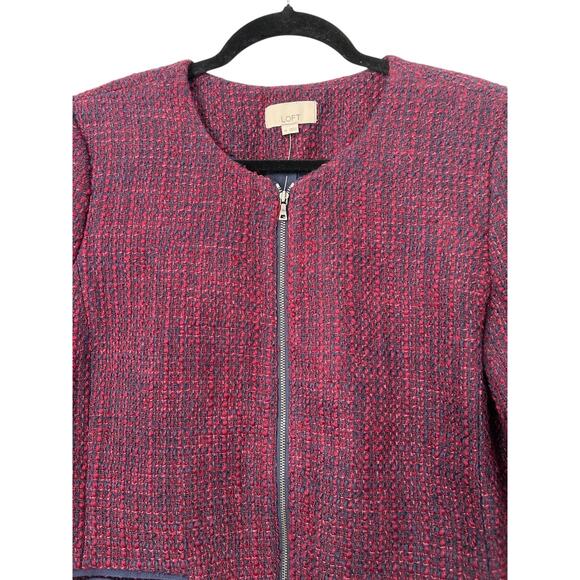 LOFT Blazer Womens Size 10 Burgundy Blue Wool Tweed Collarless Full Zip Jacket - Picture 2 of 12
